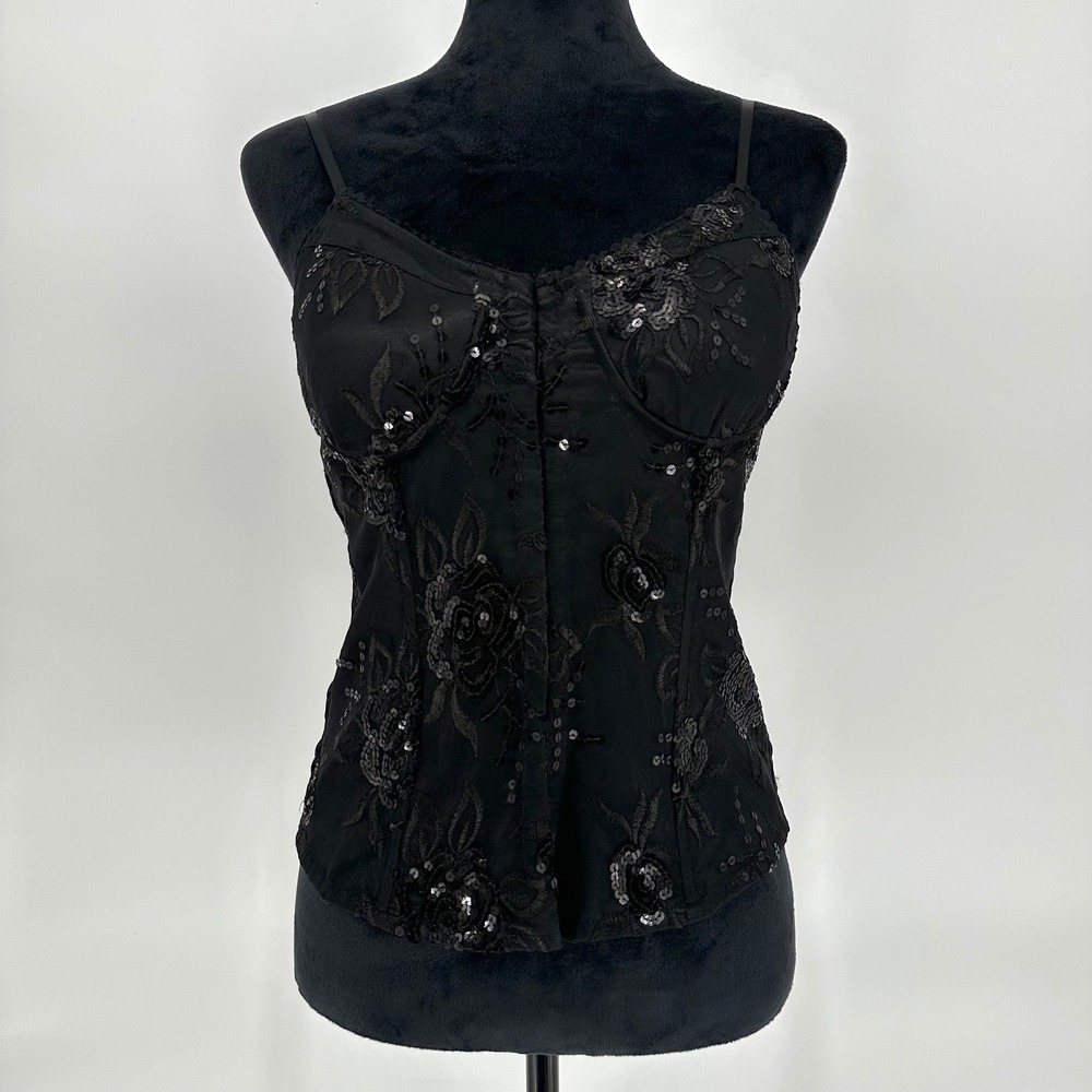 Y2K‎ Ole Ole Black Cami Sequin Floral Embroidery Top Smocked Back Women's Medium